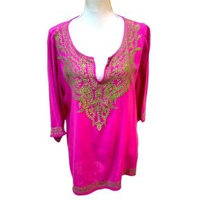 Charming Charlie green contrast embroidered barbie pink tunic viscose top large